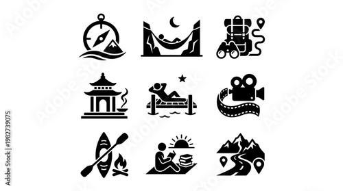 Set of Cultural and Travel Icons Featuring Traditional Landmarks and Symbols in Black Style