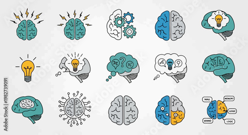 The creative brain generates ideas with lightbulbs and cogs in a thinking process