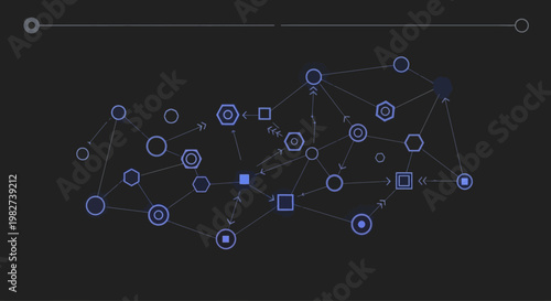 Network diagram illustrating connections between various nodes and shapes on a black background