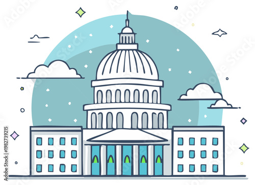 Minimalist line art illustration of a majestic government capitol building with a prominent dome