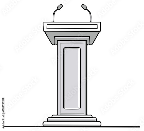 Empty podium with microphones for public speaking, professional presentation, or official announcement