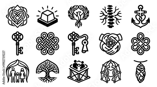 Set of Decorative Icons Featuring Cultural Symbols and Traditional Motifs in Line Art Style