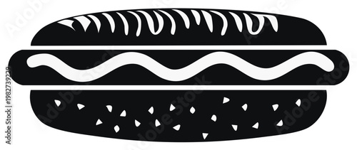Black and white icon of a hot dog with mustard in a bun