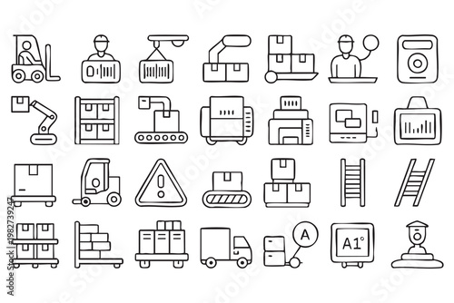 Supply Chain and Distribution Icons Featuring Transport and Inventory Systems