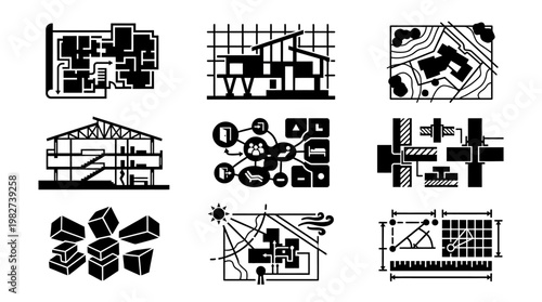 Vector Icon Set of Different Architectural Building Floor Plans and Blueprints