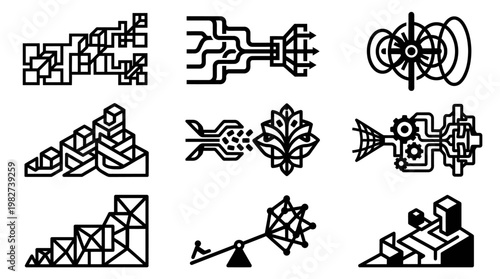 Vector Icon Set of Abstract Technology and Network Symbols for Digital and Data Concepts