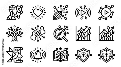 Set of Simple Line Icons for Technology, Security, and Communication in Modern Style
