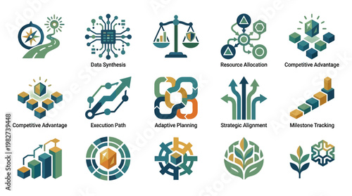Set of Business Icons for Data Analysis and Strategy Planning in Modern Style