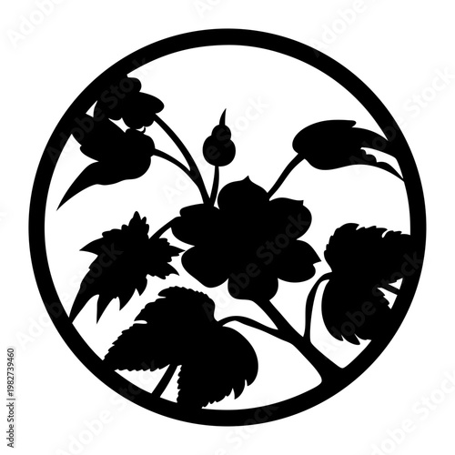 Floral silhouette vector in circular frame, black flower and leaf stencil design, botanical round emblem for laser cutting and vinyl decals