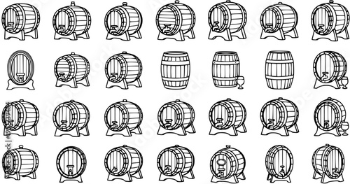 Black and White Line Art of Various Barrels, Casks, and Kegs for Beverage Industry