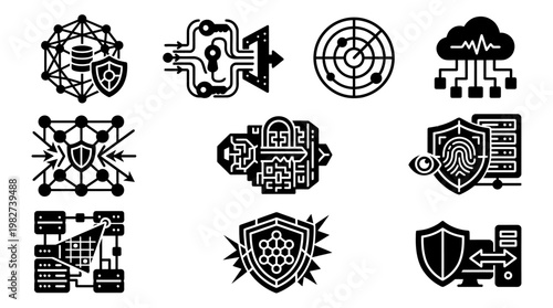 Vector Illustration Set of Cybersecurity and Data Protection Icons for Digital Security Design