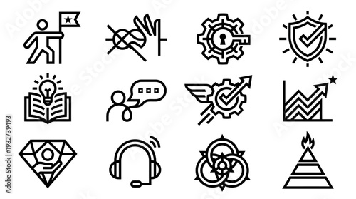 Set of Modern Business Icons Including Goals, Protection, Creativity, Growth, Communication, Technology, Data, and Progress