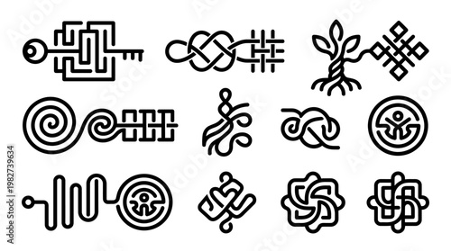 Vector Icon Set of Traditional Tribal Symbols and Decorative Motifs for Cultural Designs