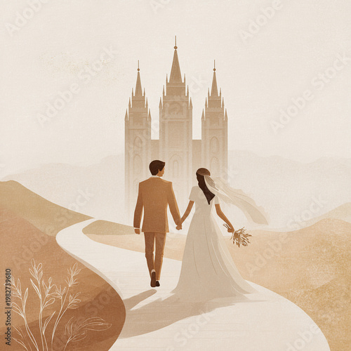 A stunning wedding invitation for the mormon temple wedding. Latter Day Saint Church of Jesus Christ graphics. A couple holding hands in front of the temple with soft tones and florals