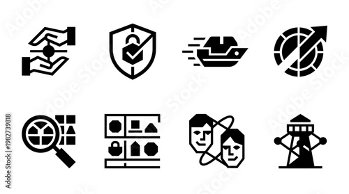 Set of Business Icons with Shield Security, Handshake, Data Shield, Target and People Symbols