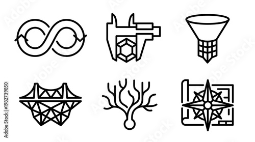Set of Modern Line Art Icons Including Infinity Symbol, Gun, Funnel, Bridge, Tree, and Compass for Creative Designs