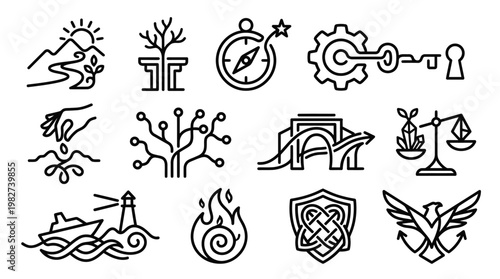 Set of Minimalist Black and White Icons for Navigation and Nature Themes