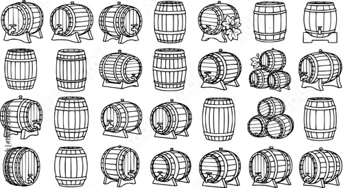 Black and White Line Art of Wooden Barrels in Various Styles