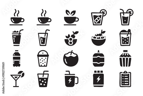 Restaurant and Bar Drink Icons for Coffee Juice and Refreshment Items