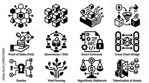 Vector Icon Set Featuring Blockchain Technology, Digital Security, and Data Management Symbols