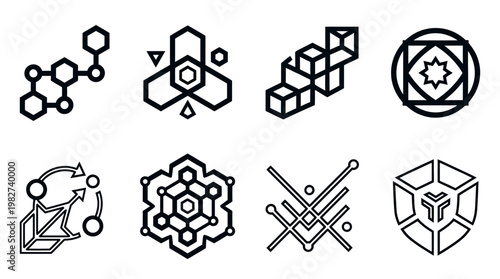 Vector Icon Set Featuring Abstract Technology and Science Symbols in Modern Line Art Style
