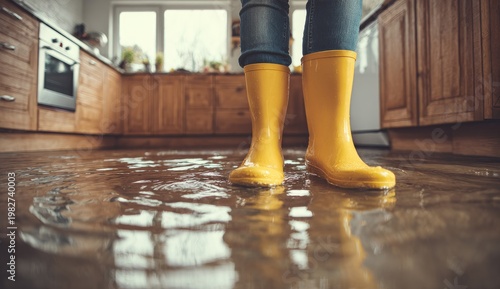 Person wearing yellow rubber boots standing in a flooded kitchen.