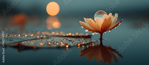 A water lily blooms with crystal droplets, serene water, and soft sunset