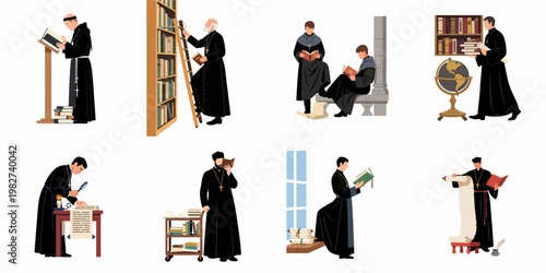 A collection of flat illustrations depicting medieval monks and priests engaged in scholarly activities like reading, writing on scrolls, and studying in a library.