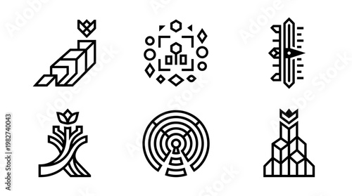 Set of Modern Geometric Line Art Icons for Technology and Digital Concepts