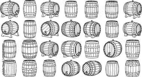 Black and White Line Art Barrels Vector Illustration, Various Wooden Barrels Icons for Storage and Beverage Industry