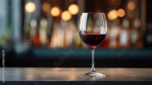 Elegant Red Wine Glass on Stylish Bar Counter with Blurred Background of Bottles and Soft Lights