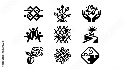 Icons Set of Nature and Wellness Symbols in Black Linear Style for Design Projects