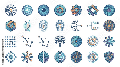 Vector Icon Set of Scientific and Technology Symbols for Data, DNA, and Molecular Concepts