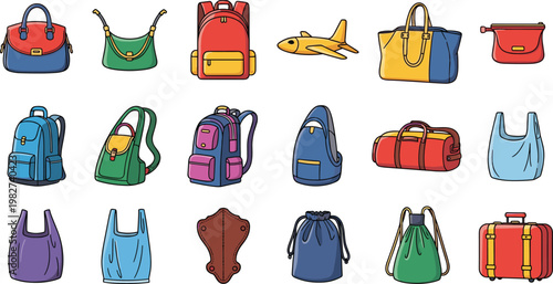 Travel Bags and Backpacks Vector Set Featuring Handbag Luggage Backpack Duffel and Tote Collection