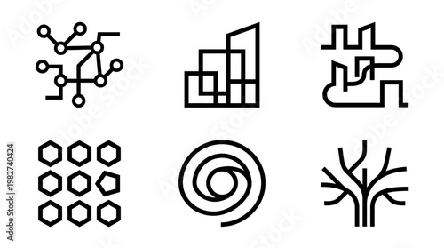 Set of Six Abstract Line Art Icons Representing Molecular Structures, Data Graphs, and Tree Diagrams in Minimalist Style