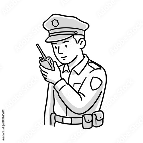 A minimalist black and white line art illustration of a male police officer or security guard communicating on a portable radio transmitter.