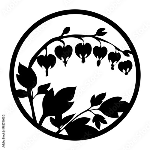 Bleeding heart flower silhouette in circular frame, black floral botanical vector icon, minimalist garden plant illustration for laser cutting