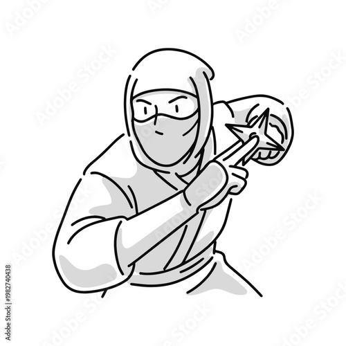 Dynamic vector illustration of a ninja warrior in a stealthy action pose, holding a shuriken. Perfect for themes of martial arts, combat, secrecy, and traditional Japanese culture.