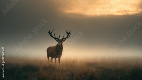 Majestic stag standing in golden misty field at dusk symbolizes leadership and growth in business and career development
