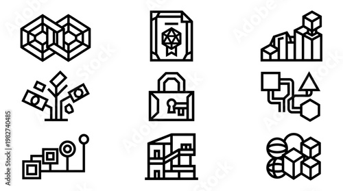 Set of Modern Line Art Icons Depicting Abstract Geometric Structures for Digital Design
