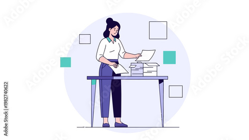 Woman organizing documents at desk, business workflow, administrative tasks, office work