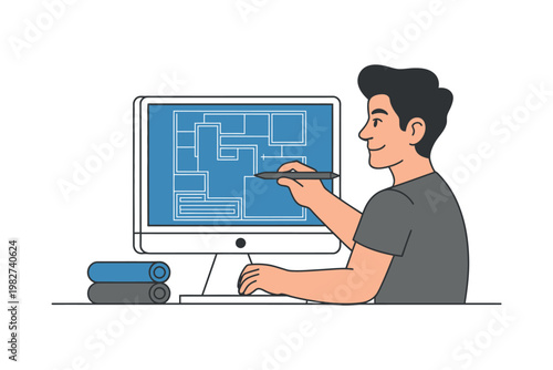 Architect designs a new building project on a large computer screen.