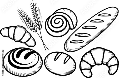 Hand-drawn black and white bakery assortment: croissants, baguettes, and loaves white background