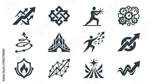 Collection of Business and Financial Icons in Black and White Style