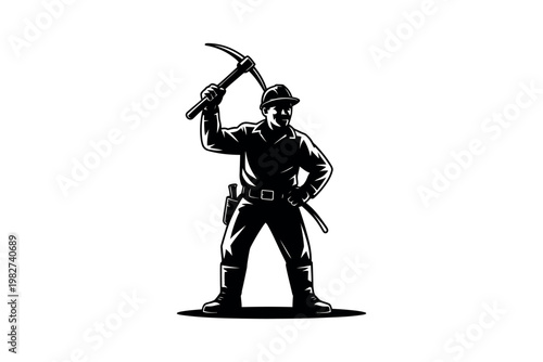 Miner stands firmly with a heavy pickaxe held over his shoulder.