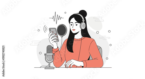 Woman recording podcast with smartphone and headphones, audio wave, microphone