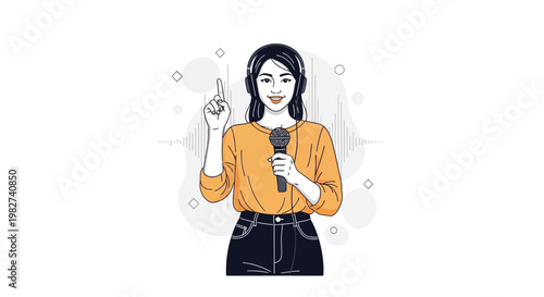 Woman Reporter with Microphone and Headphones, Announcing News, Sound Waves