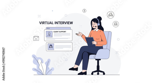 Virtual Interview: Woman with headset conducts online job interview on laptop