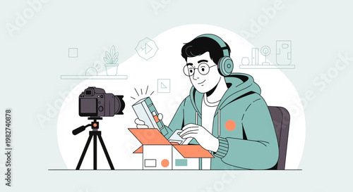 Vlogger Unboxing Product Live Stream with Camera and Headphones