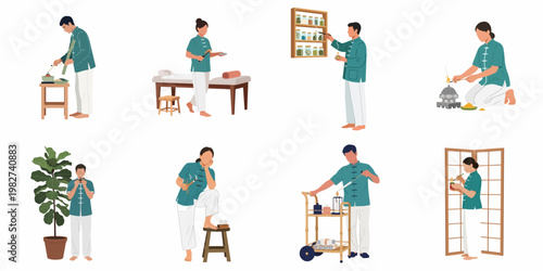 Flat Vector Illustrations of Traditional Chinese Medicine Practitioners Performing Moxibustion, Herbal Therapy, and Holistic Healing Rituals